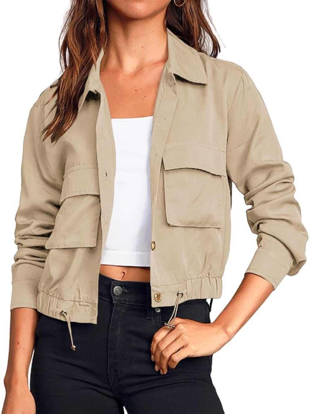 〽️Women's Beige Lightweight Cropped Anorak Jacket with Chest Pockets